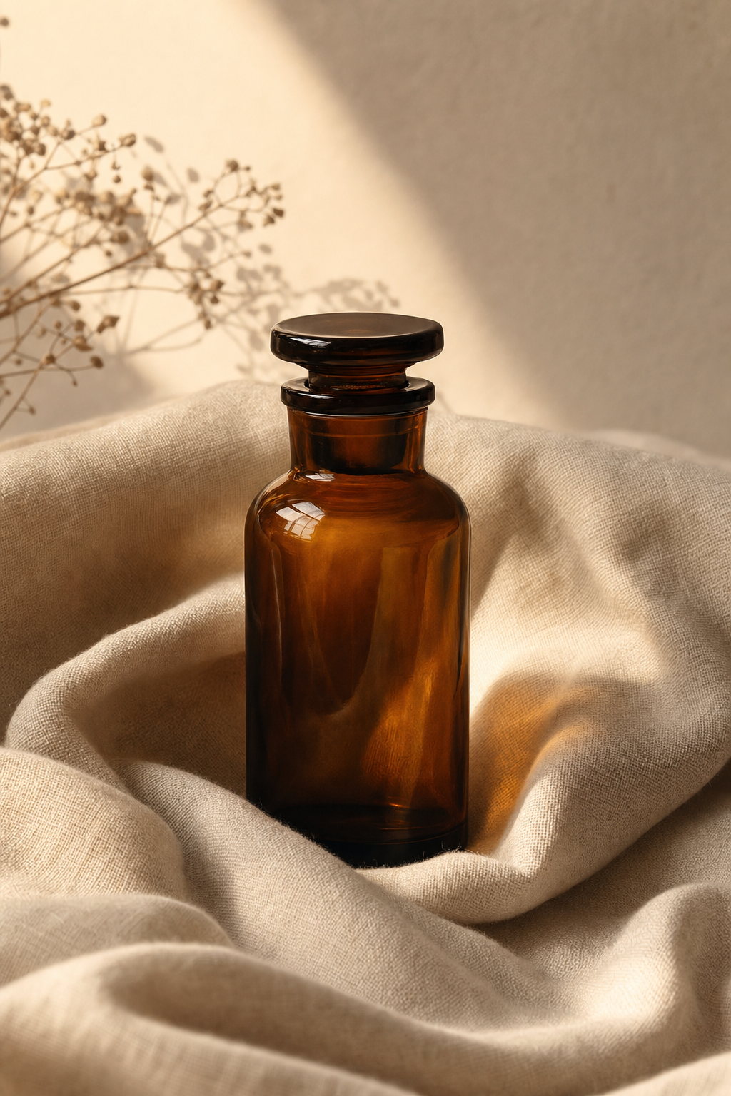 Amber bottle on soft linen, morning light